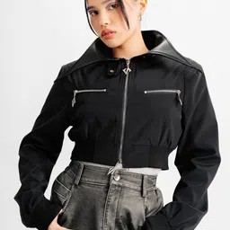 FREAKINS Spread Collar Crop Bomber Jacket-image-53