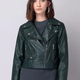 FabAlley Green Lapel Collar Faux Fur Crop Biker Jacket-picture-13