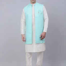 Jompers Men Turquoise Blue Solid Kurta with Churidar with Waistcoat-picture-1