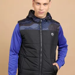 HIGHLANDER Colourblocked Hooded Neck Sleeveless Zip Detail Puffer Jacket-image-9