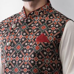 KISAH Ethnic Motif Printed Nehru Jacket With Pocket Square image 4