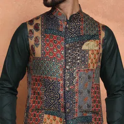 KISAH Printed Nehru Jackets With Pocket Square image 4