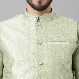 Sangria Olive Green Geometric Woven Design Straight Kurta With Pyjamas & Nehru Jacket image 2