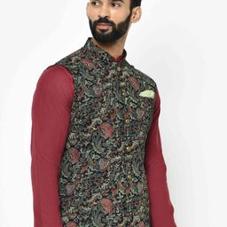 KISAH Ethnic Motifs Printed Nehru Jacket with Pocket Square image 2