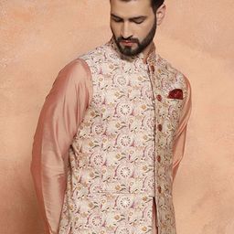 KISAH Printed Nehru Jackets With Pocket Square image 4