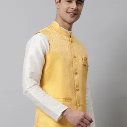 Jompers Men Woven Design Mandrian Collar Nehru Jacket With Brooch image 4