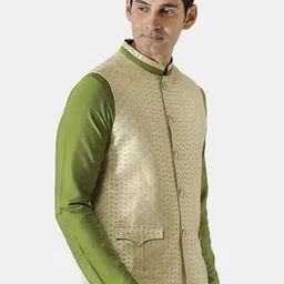 KISAH Men Cream Coloured Woven Design Nehru Jacket image 3