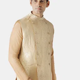 KISAH Men Gold -Coloured Woven Design Nehru Jacket image 2
