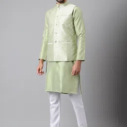 Sangria Olive Green Geometric Woven Design Straight Kurta With Pyjamas & Nehru Jacket image 3