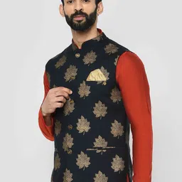 KISAH Printed Nehru Jacket with Pocket Square image 5