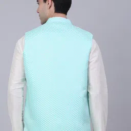 Jompers Men Blue Woven Design Nehru Jacket With Brooch image 3
