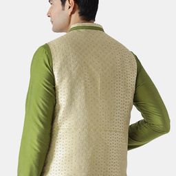 KISAH Men Cream Coloured Woven Design Nehru Jacket image 4