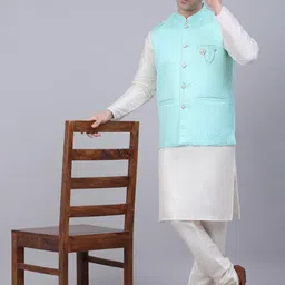 Jompers Men Blue Woven Design Nehru Jacket With Brooch image 2