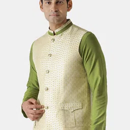 KISAH Men Cream Coloured Woven Design Nehru Jacket image 5