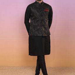 KISAH Men Woven Design Nehru Jacket With Pocket Square image 4