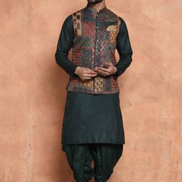 KISAH Printed Nehru Jackets With Pocket Square image 3