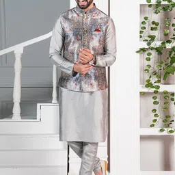 KISAH Men Printed Mandarin Collar Woven Nehru Jacket With Pocket Square image 2