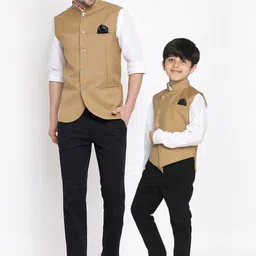 VASTRAMAY Boys Beige Solid Slim-Fit Woven Nehru Jacket-48