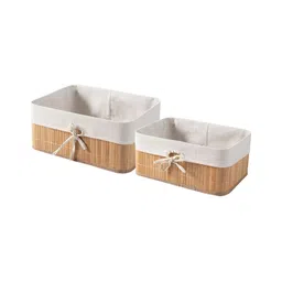 HomeStorie Beige 2 Pcs Eco-Friendly Foldable Natural Bamboo Storage Basket Bins Organizer-41