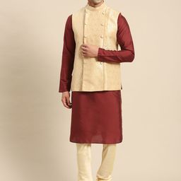 KISAH Men Maroon Kurta with Churidar & Nehru Jacket-picture-18