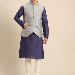 KISAH Men Navy Blue Kurta with Churidar & Nehru Jacket-picture-15