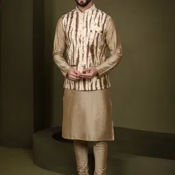 KISAH Mandarin Collar Straight Kurta with Churidar & Nehru Jacket-image-23