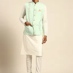 KISAH Mandarin Collar Pure Cotton Kurta With Churidar & Nehru Jacket Set-image-33