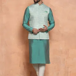 KISAH Mandarin Collar Straight Kurta With Churidar & Nehru Jacket-18