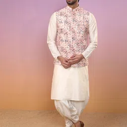 KISAH Mandarin Collar Straight Kurta With Dhoti Pants & Jacquard Nehru Jacket-image-5