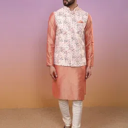 KISAH Mandarin Collar Straight Kurta With Churidar & Nehru Jacket-image-4