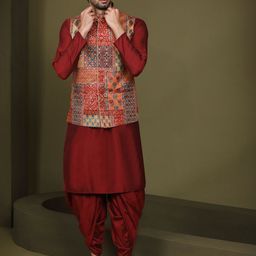 KISAH Men Abstract Printed Regular Fit Kurta Jacket Dhoti Set-7