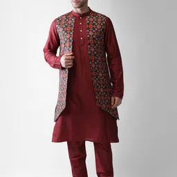 KISAH Mandarin Collar Regular Straight Kurta With Churidar & Jacket-image-82