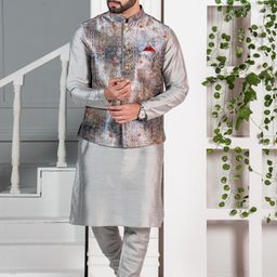 KISAH Mandarin Collar Long Sleeves Kurta & Churidar With Printed Nehru Jacket-60