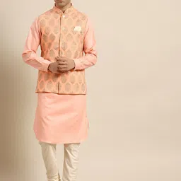 KISAH Mandarin Collar Straight Kurta with Churidar & Nehru Jacket-image-10