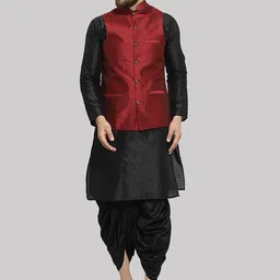ROYAL KURTA Mandarin Collar Straight Pure Silk Kurta & Dhoti Pants With Nehru Jacket-image-71