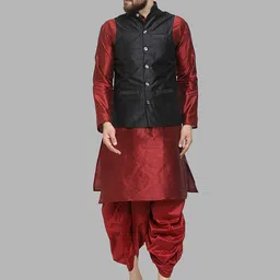 ROYAL KURTA Mandarin Collar Straight Pure Silk Kurta & Dhoti Pants With Nehru Jacket-image-74