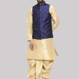 ROYAL KURTA Mandarin Collar Straight Pure Silk Kurta & Dhoti Pants With Nehru Jacket-image-68