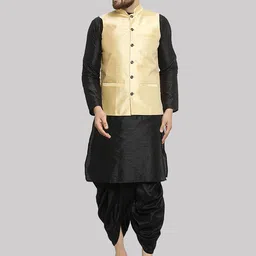 ROYAL KURTA Pure Silk Mandarin Collar Kurta With Dhoti Pants & Nehru Jacket-image-77
