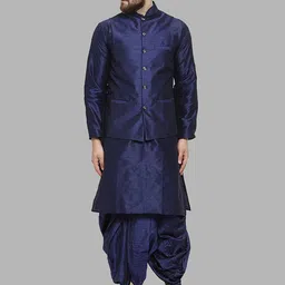 ROYAL KURTA Mandarin Collar Straight Pure Silk Kurta & Dhoti Pants With Nehru Jacket-image-70