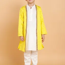PICCOLO Boys Off White Printed Pure Cotton Kurta with Pyjamas & Jacket-57