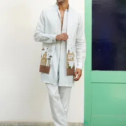 KALPRAAG  Mandarin Collar Linen Straight Kurta with Trousers & Jacket-image-4