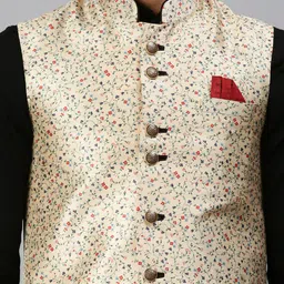 SHOWOFF Men Cream-Coloured & Red Printed Nehru Jackets With Pocket Square image 2