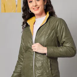PURYS Women Olive Green & Mustard Yellow Reversible Padded Jacket-image-79