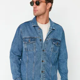Trendyol Men Blue Washed Denim Pure Cotton Jacket-52