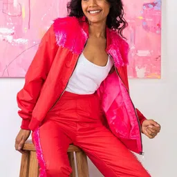 Rhe-Ana Women Colourblocked Faux Fur Trim Bomber Jacket-picture-5
