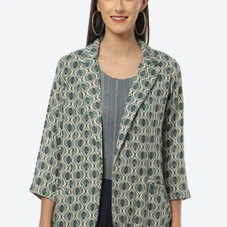 Biba Women Blue Geometric Open Front Jacket-image-39