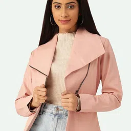 Leather Retail Women Pink Longline Outdoor Open Front Jacket-image-18