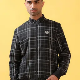 THINC Men Mandarin Collar Checked Casual Bomber Jacket-4