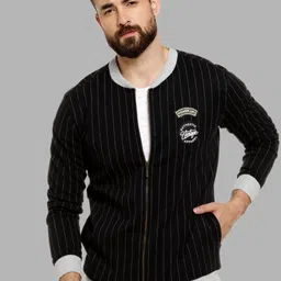 Campus Sutra Men Black Grey Cotton Striped Windcheater Bomber with Patchwork Jacket-34