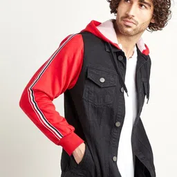 Campus Sutra Men Black Red Washed Windcheater Longline Outdoor Open Front Jacket-0